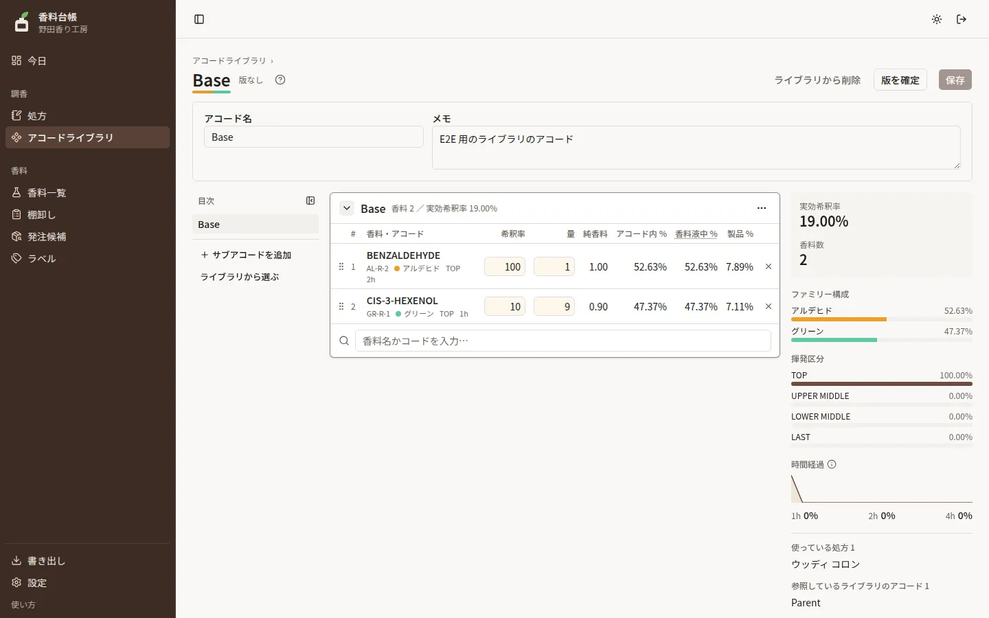 ライブラリのアコードの編集画面。左に目次、中央にアコードのカード、右に実効希釈率とバランス