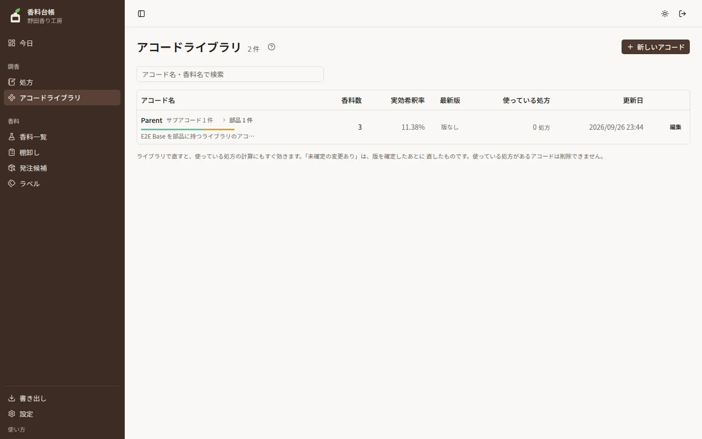 アコードライブラリの一覧。アコードごとに香料数・実効希釈率・最新版・使っている処方の数が並ぶ
