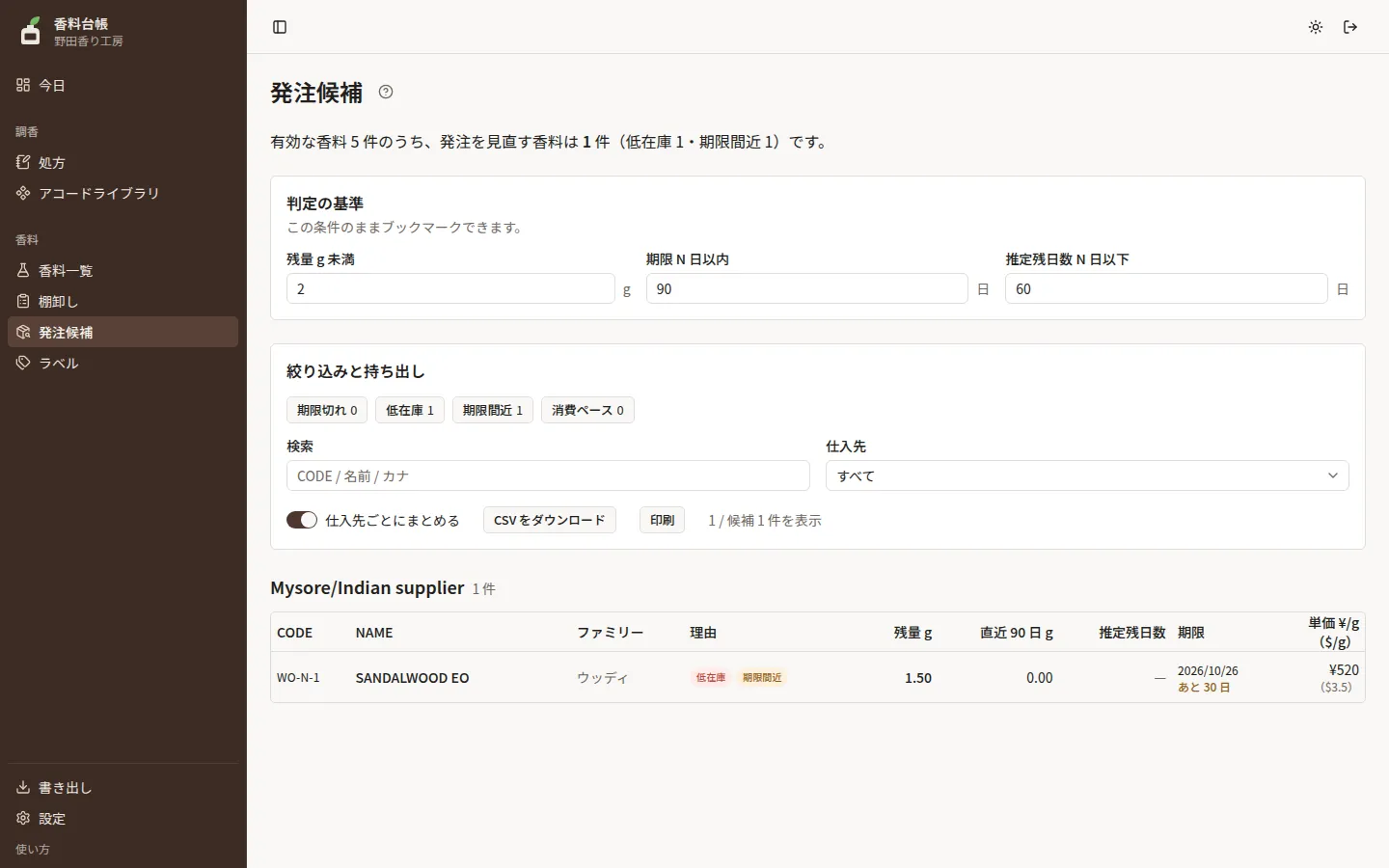 発注候補の画面。上に集計の 1 文と判定の基準、下に仕入先ごとの表